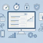 Flat illustration of a monitor showing search results surrounded by icons for speed, security, redirects, broken links, mobile and site structure