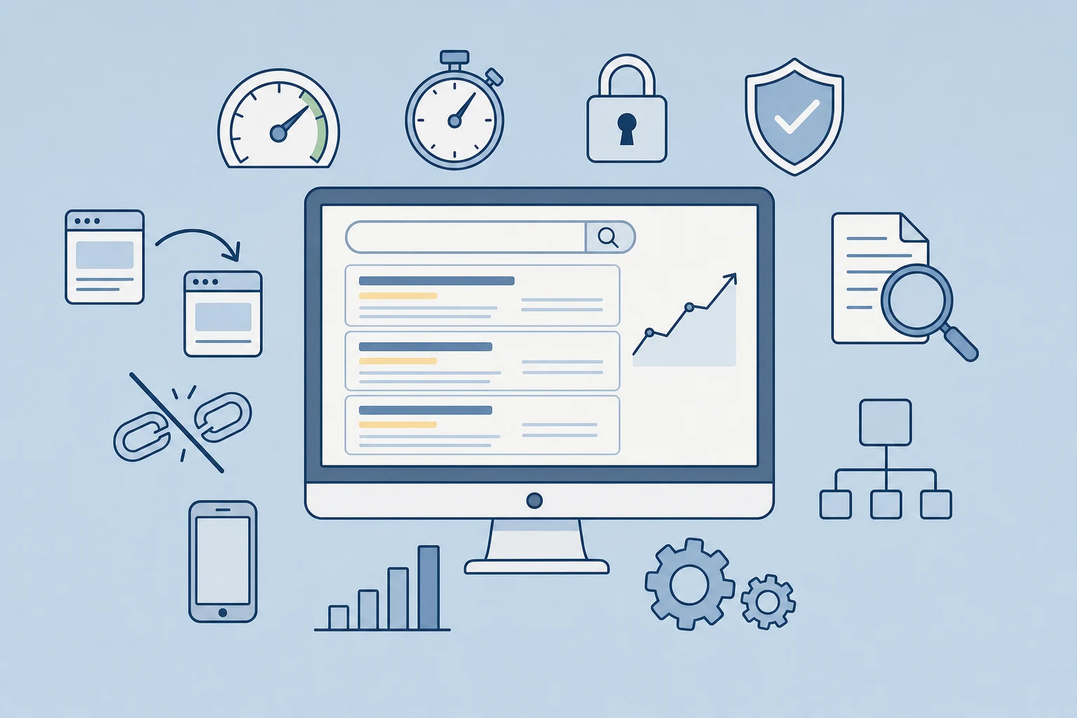 Flat illustration of a monitor showing search results surrounded by icons for speed, security, redirects, broken links, mobile and site structure
