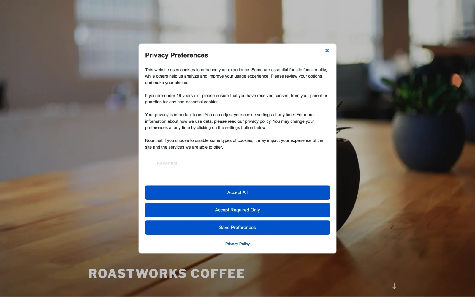 Must-Have Cookie full-screen Privacy Preferences dialog over the Roastworks Coffee test site, with Accept All, Accept Required Only and Save Preferences buttons