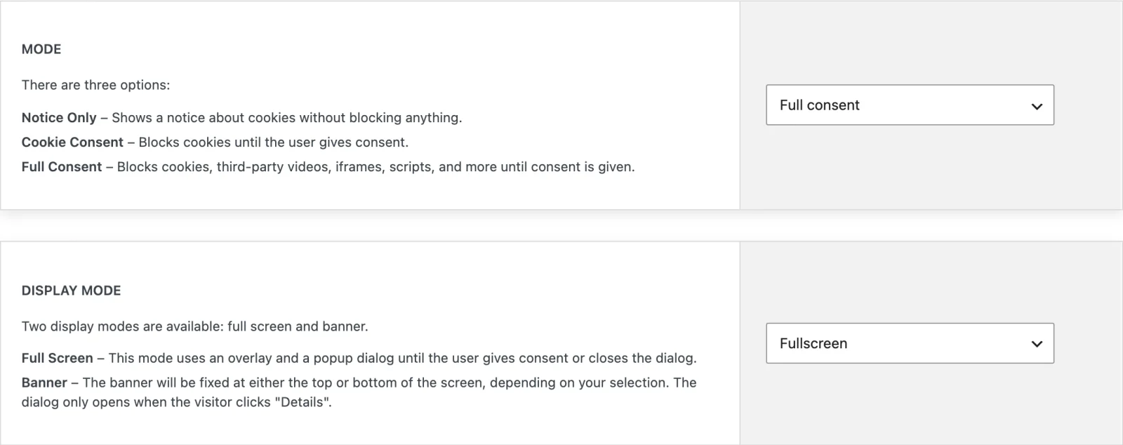 Must-Have Cookie General Settings showing Mode set to Full consent and Display Mode set to Fullscreen