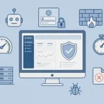 Illustration: a monitor showing a security dashboard, surrounded by a bot, a login form, a firewall and a speedometer