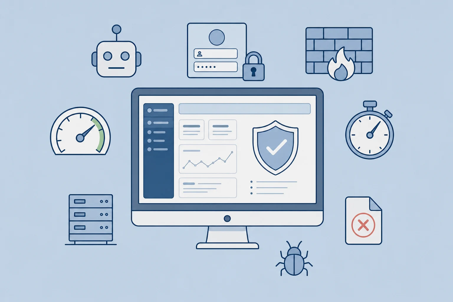 Illustration: a monitor showing a security dashboard, surrounded by a bot, a login form, a firewall and a speedometer